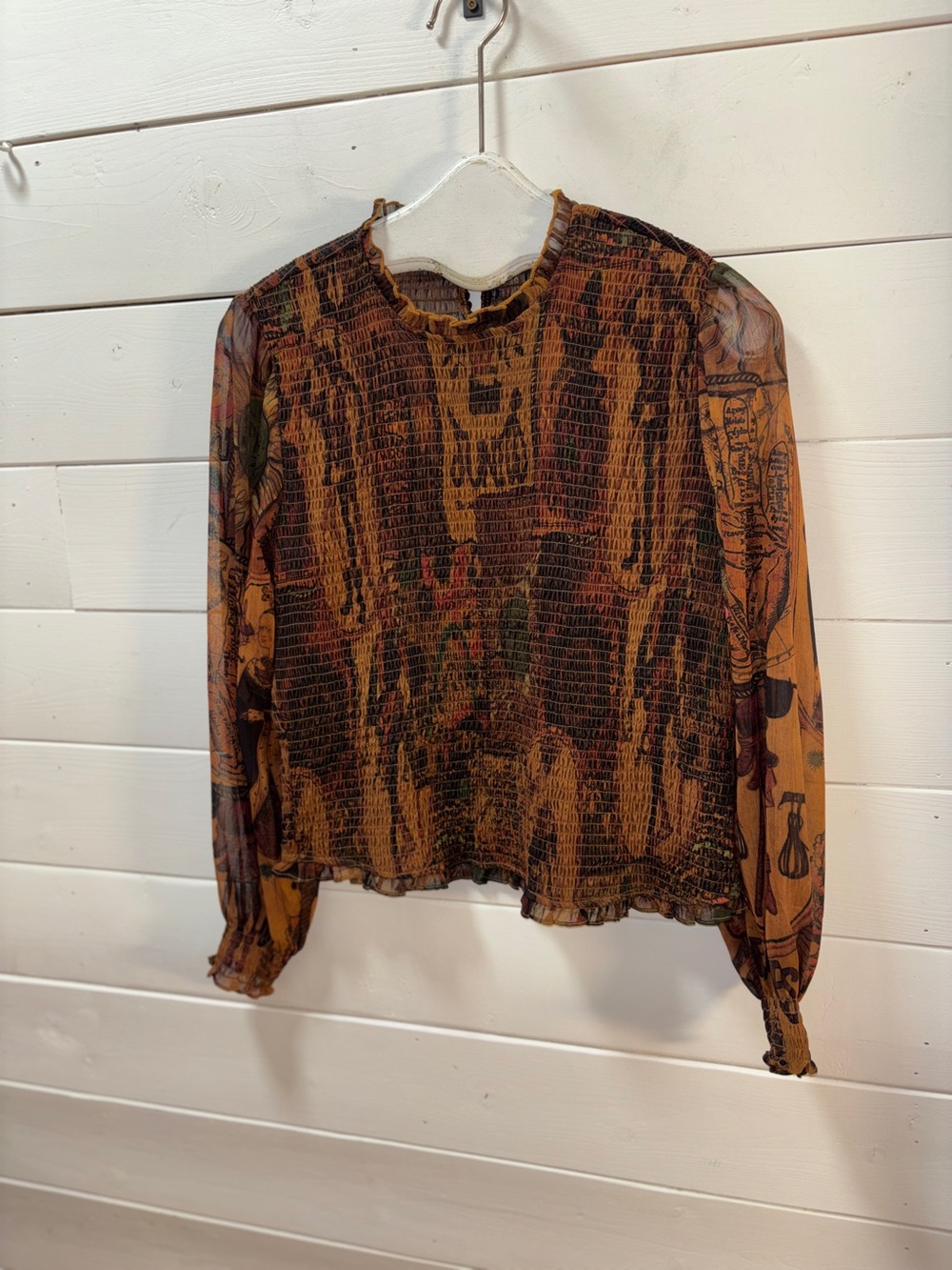 DESIGUAL Brown Printed Smocked Mesh Top Size XL - Picture 2 of 10
